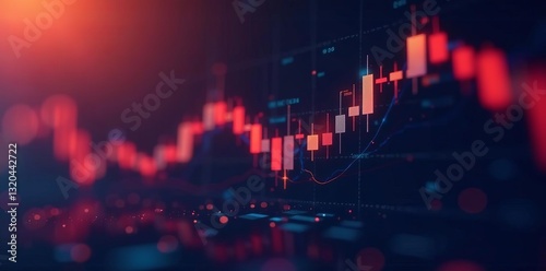 Close-up of a fluctuating stock market trading graph with candlestick chart, graph, analysis