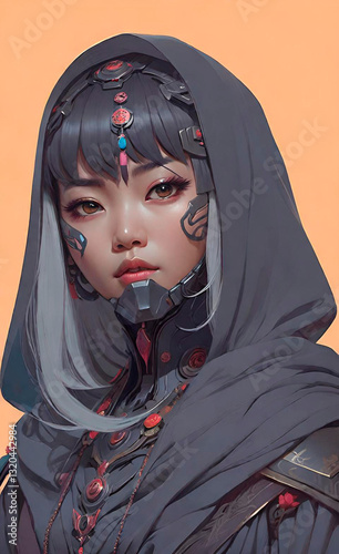An Asian girl poses for a poster in a beautiful dress, cyberpunk art. A selfie of a cute Kazakh girl. AI ART.Stylized Fan Art Portrait of a Futuristic Character.The image appears to be fan art	