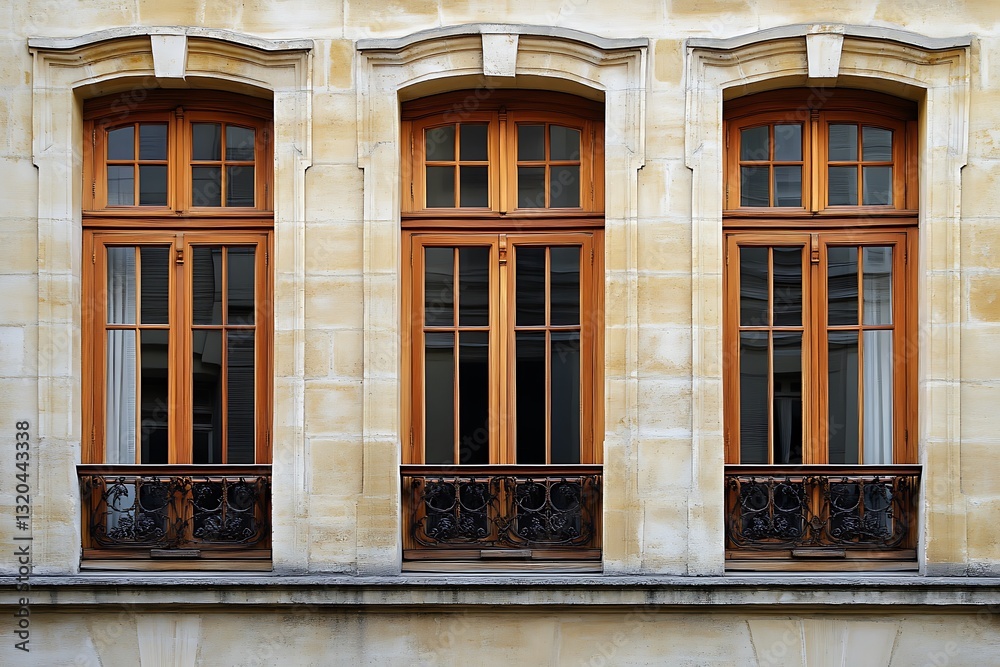 Fototapeta premium Three arched windows in a beige stone building.