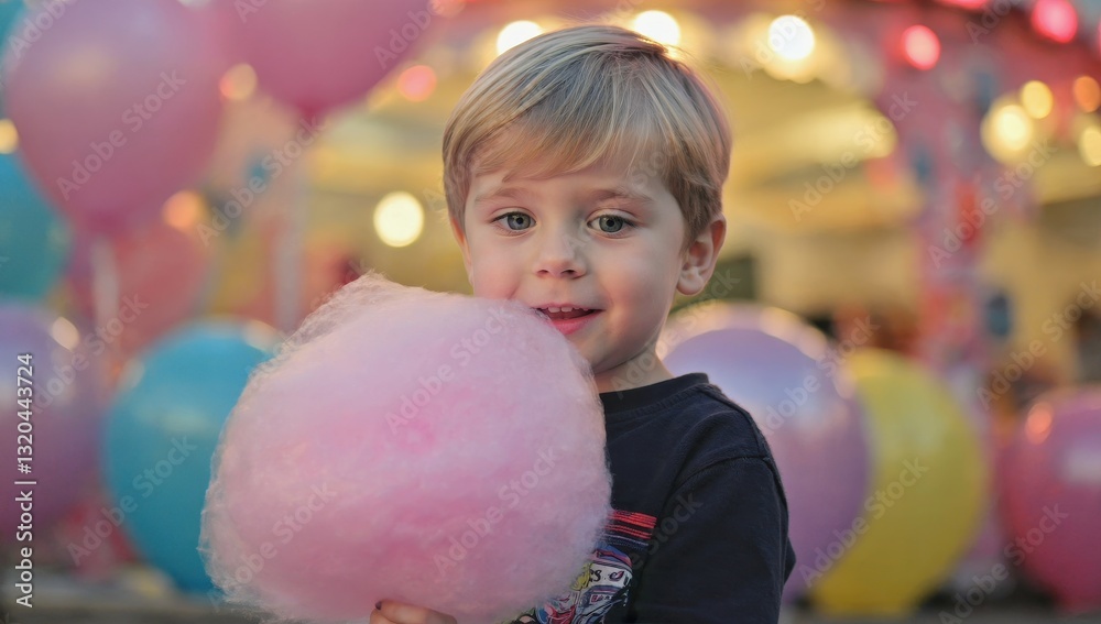 Fototapeta premium Little boy eating cotton candy at a fair