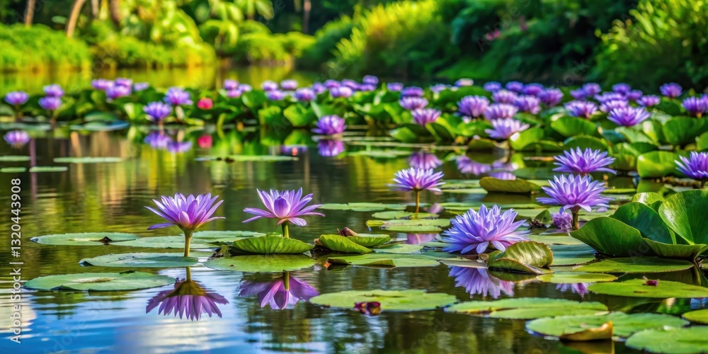 Eichhornia Crassipes floating on tropical river pond in Trinidad and Tobago, tropical water, South American plant Eichhornia Crassipes floating on tropical river pond in Trinidad and Tobago, tropical water, South American plant