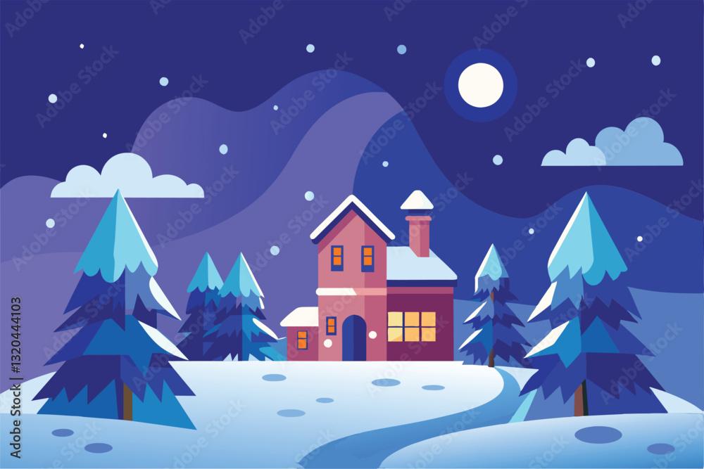 Fototapeta premium A peaceful winter night with a charming house nestled among snow-covered trees beneath a bright moon, Snowfalling Customizable Flat Illustration