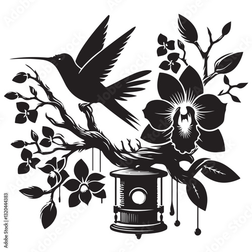 Great Silhouete Hummingbirds Flying around a Orchid Flowers vector illustration Symbol in White Background 24