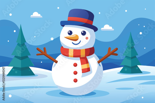 A delightful snowman stands in a snowy setting, surrounded by trees under a bright blue sky, Snowman Customizable Cartoon Illustration