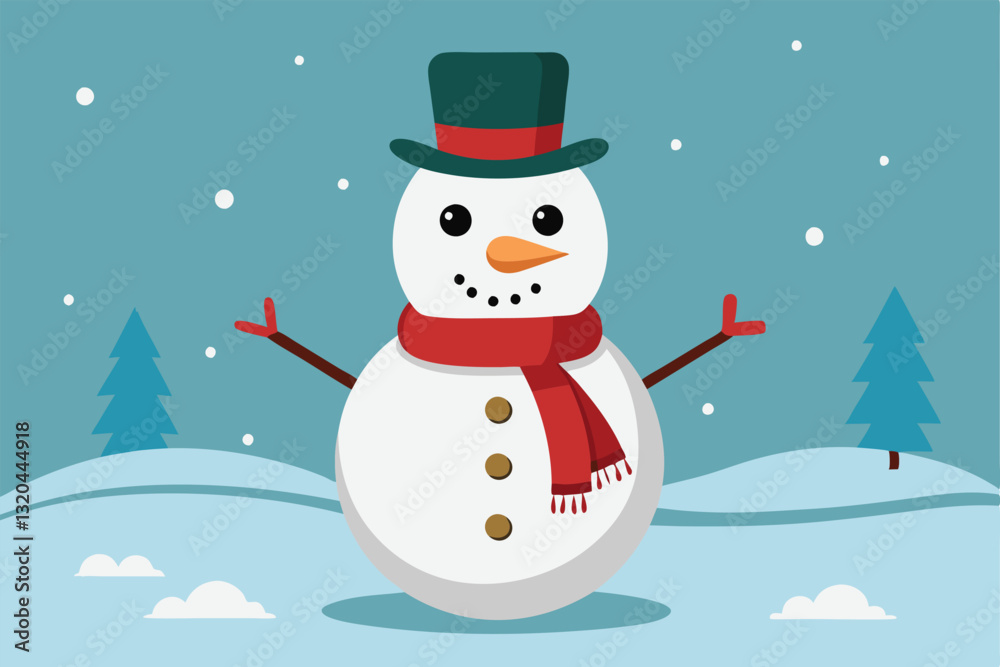 Fototapeta premium Create a cheerful snowman wearing a scarf and top hat in a lovely winter landscape with snow, Snowman Customizable Semi Flat Illustration