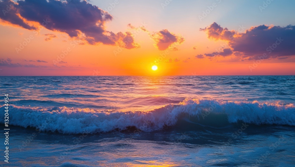 Obraz premium Sunset waves on beach, dramatic sky