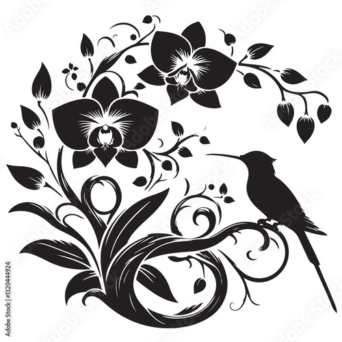 Great Silhouete Hummingbirds Flying around a Orchid Flowers vector illustration Symbol in White Background 33