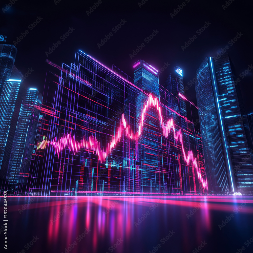 A city skyline with a red line that is going down