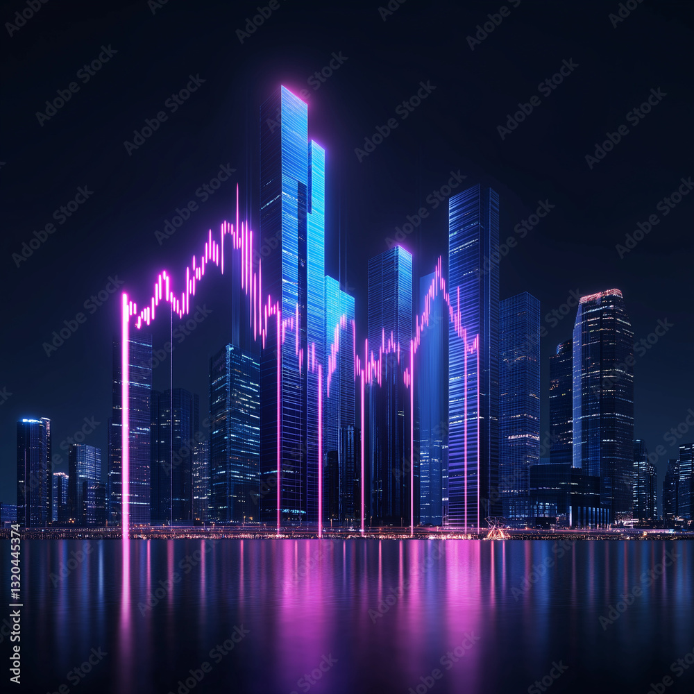 A city skyline is lit up in neon colors