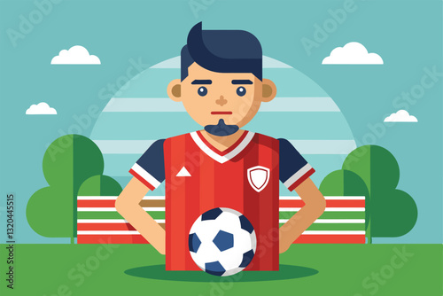 A stylized soccer player stands confidently in a park, holding a ball and showcasing a bright uniform, Soccer Customizable Disproportionate Illustration