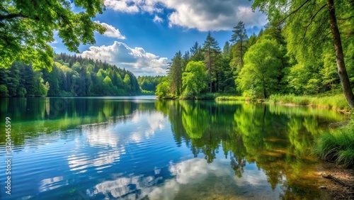 A serene lake with a deserted shore surrounded by lush greenery and towering trees , wilderness landscape, natural beauty