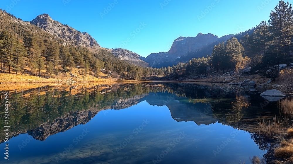 Panoramic view of a tranquil mountain lake reflecting the clear blue sky and surrounding trees at sunrise Panoramic view of a tranquil mountain lake reflecting the clear blue sky and surrounding trees at sunrise