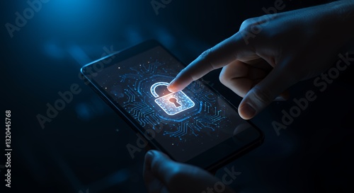 Smartphone security - A hand interacts with a glowing lock icon.