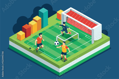Three soccer players engage in a dynamic match on a vibrant isometric field with a goal, Soccer Customizable Isometric Illustration
