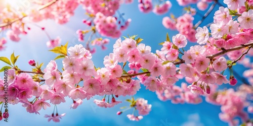 Vibrant pink blossoms of a Japanese cherry tree fill the air with sweet fragrance against a clear blue sky backdrop on a gentle spring morning, bloom, spring