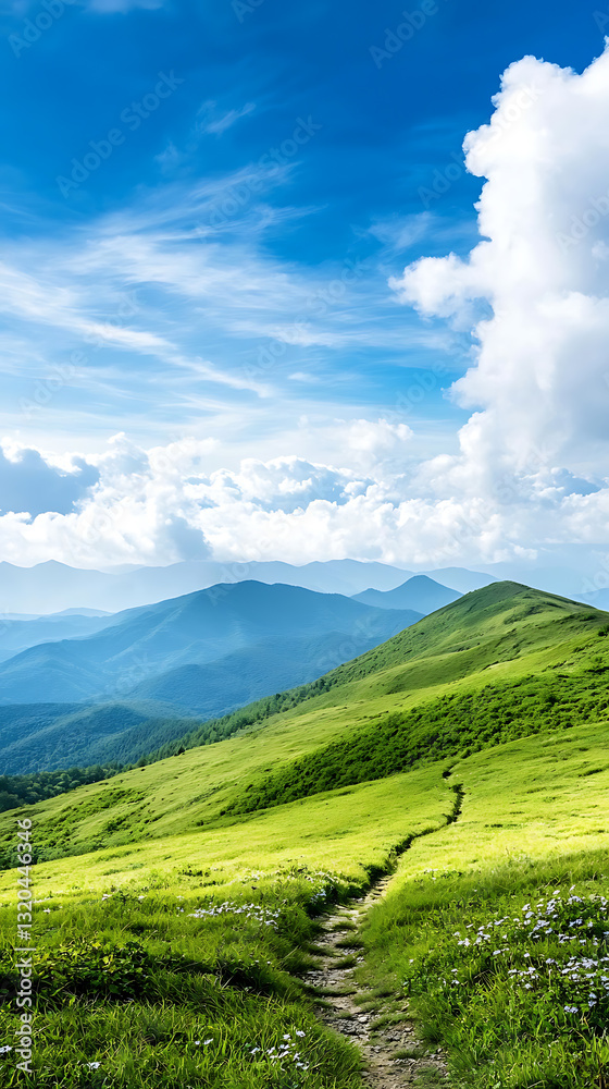Fototapeta premium Wind turbines harnessing renewable energy on a green mountain range under a bright blue sky landscape photography natural environment