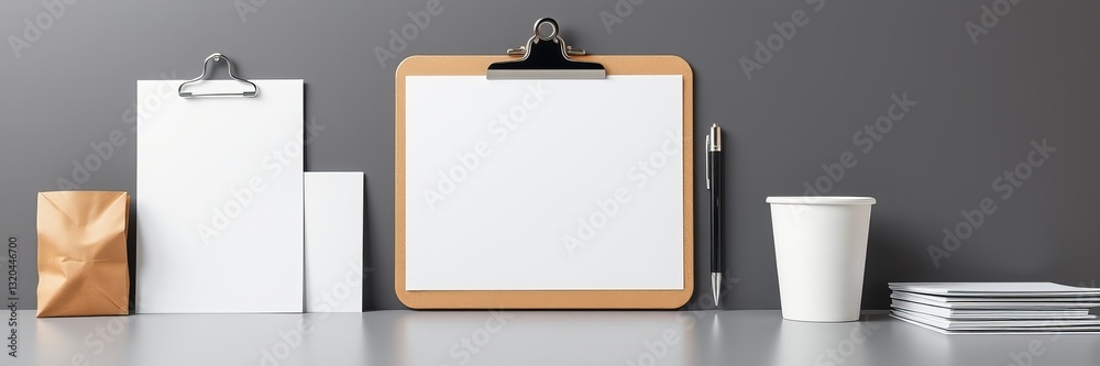 A well-organized workspace featuring a clipboard and a cup of coffee on a stylish gray background A well-organized workspace featuring a clipboard and a cup of coffee on a stylish gray background