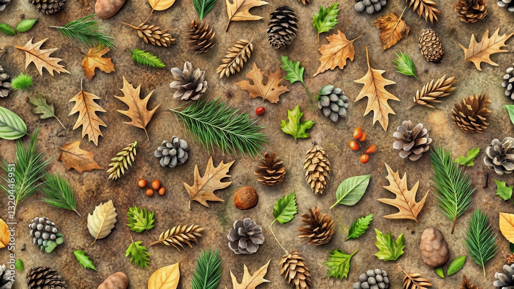Obraz premium Animal tracks seamless pattern made of forest floor elements like leaves, twigs and pinecones, terrain, nature