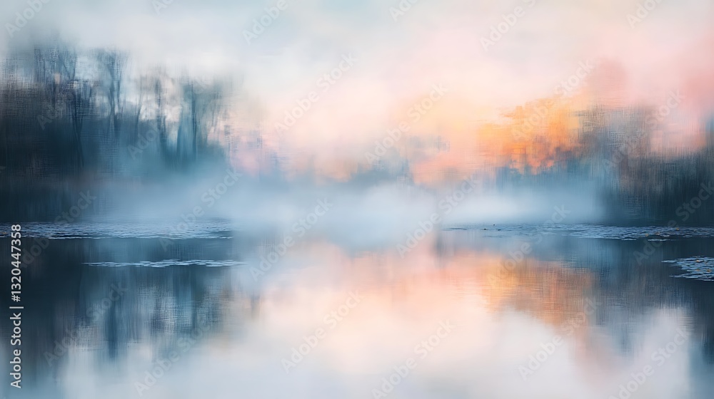 Fototapeta premium Reflective River Landscape with Mist and Distant Trees at Dawn