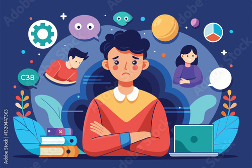 A young person displays social anxiety in a study environment filled with books and digital distractions, Social anxiety Customizable Flat Illustration