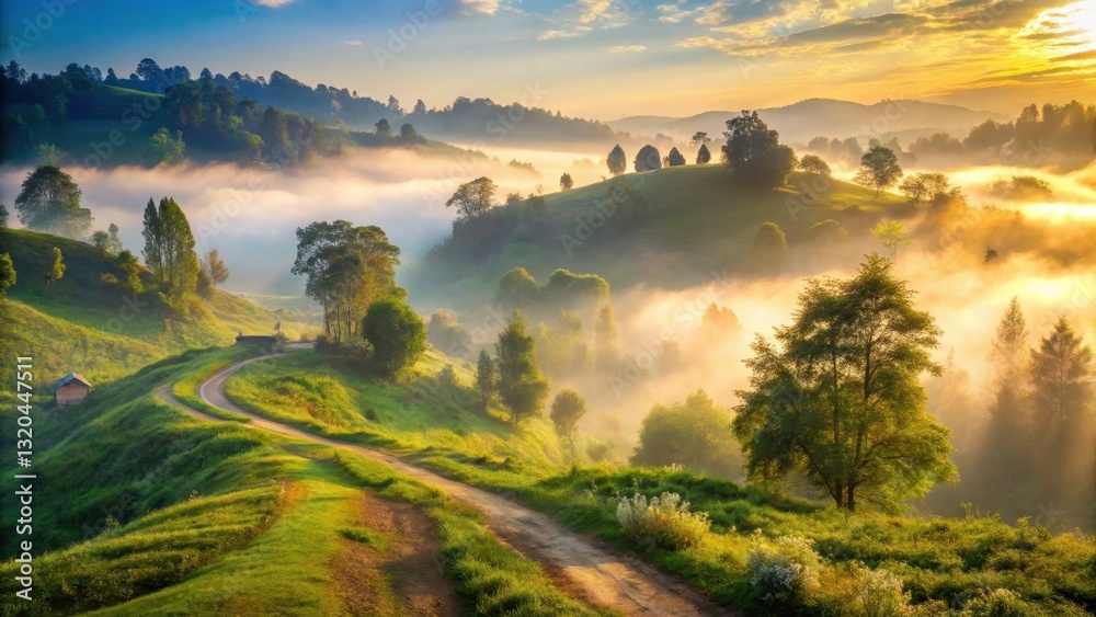 Naklejka premium A serene hillside with lush green vegetation and a meandering path leading to the edge of a village, surrounded by tall trees and covered in mist at dawn, natural scenery, sunrise