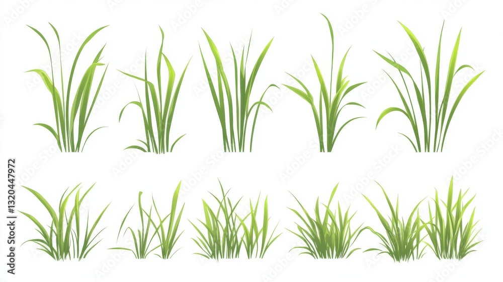 Fototapeta premium Variety of green grass blades isolated on white background for nature design