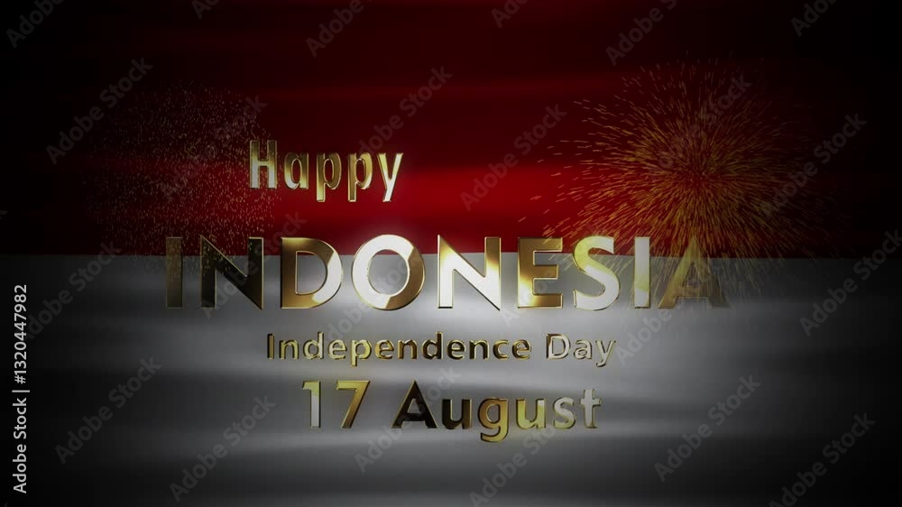 Animation commemorating Indonesia Independence Day with gold text and a waving Indonesia flag background