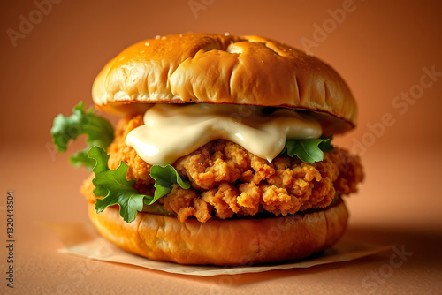 Double bacon cheeseburger stock-image with two juicy beef patties, crispy bacon strips, melted cheese, fresh lettuce, and a sesame seed bun,