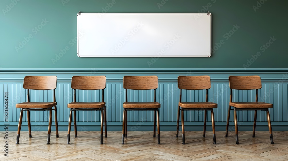 A serene and modern interior space featuring a row of stylish chairs arranged neatly along a bright room wall A serene and modern interior space featuring a row of stylish chairs arranged neatly along a bright room wall