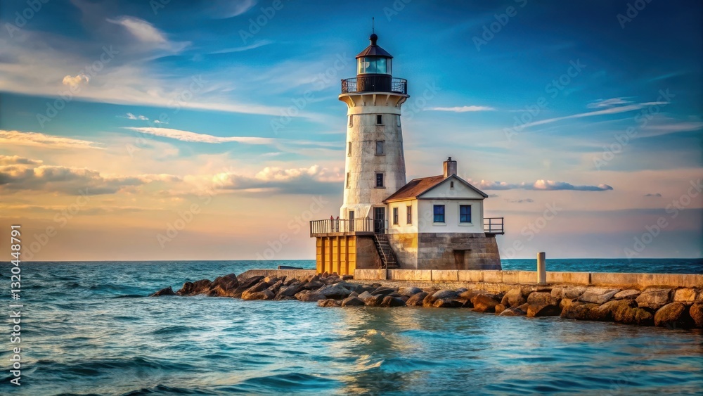 Lake Michigan Lighthouse standing alone on the rocky shoreline of the lake, northern states Lake Michigan Lighthouse standing alone on the rocky shoreline of the lake, northern states