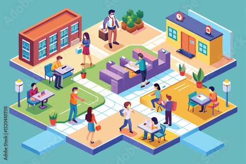 Students and teachers engage in learning and social distancing in a bright school setting with diverse activities, Social distance at school Customizable Isometric Illustration