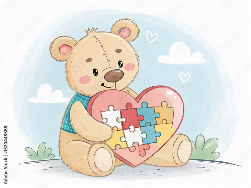 Fototapeta premium World Autism Awareness day, concept with teddy bear holding puzzle or jigsaw pattern on heart