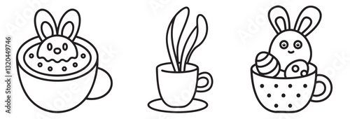 Easter bunny coffee collection. Three cute line drawings featuring bunnies in cups and a plant.