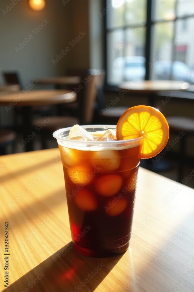 Refreshing Iced Coffee with Citrus Garnish on Wooden Table in Sunlit Cafe Refreshing Iced Coffee with Citrus Garnish on Wooden Table in Sunlit Cafe