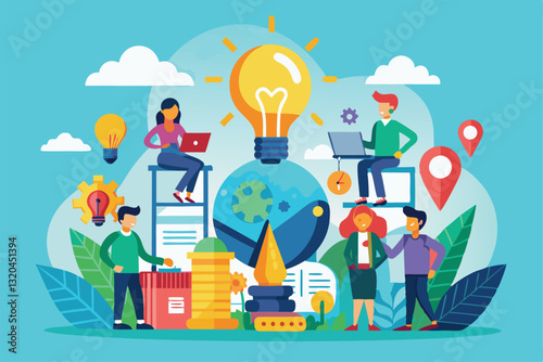 Diverse individuals engage in brainstorming and collaboration, surrounded by creative elements and a global theme, Social ideas Customizable Semi Flat Illustration