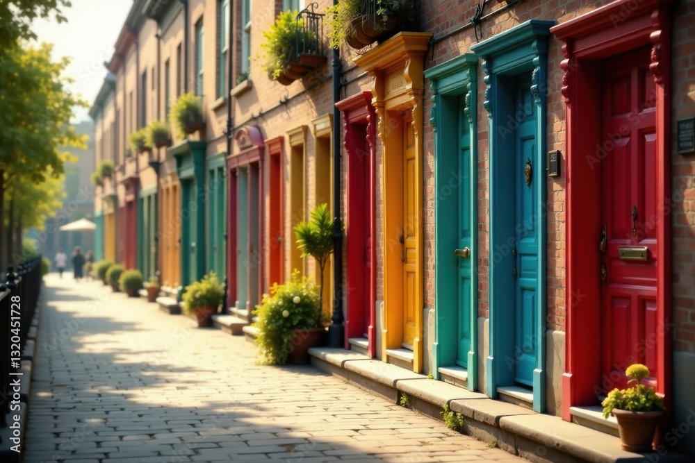 Fototapeta premium A sunlit cobblestone lane lined with colorful doors, showcasing a vibrant array of hues and architectural details, creating a picturesque urban scene.