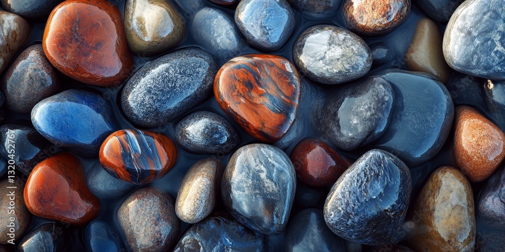 An ultra-detailed 8K close-up photograph of smooth ocean pebbles glistening under soft sunlight. An ultra-detailed 8K close-up photograph of smooth ocean pebbles glistening under soft sunlight.