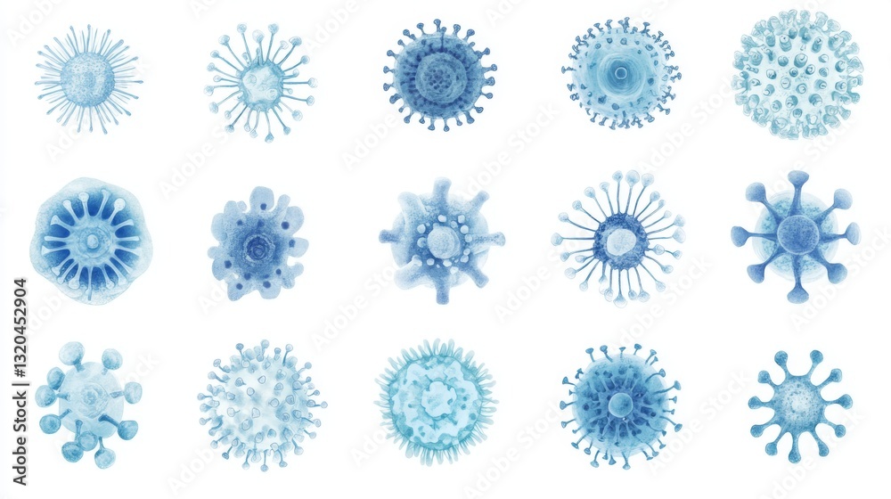 Abstract collection of blue virus and microbe shapes for scientific and educational use Abstract collection of blue virus and microbe shapes for scientific and educational use