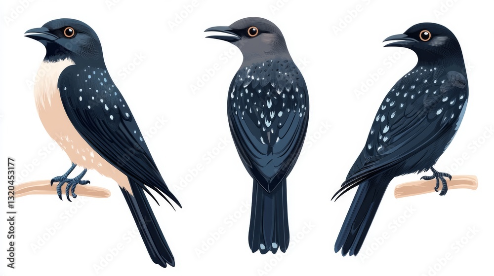 Fototapeta premium Three elegant birds perched on branches - nature and birdwatching illustration suitable for ornithology education and decor
