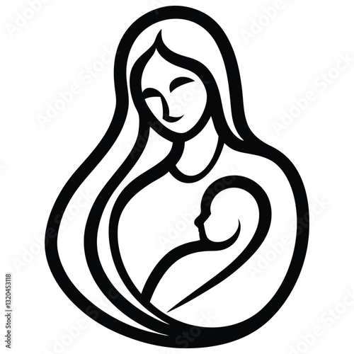 Loving mother holding baby line art vector illustration on white background