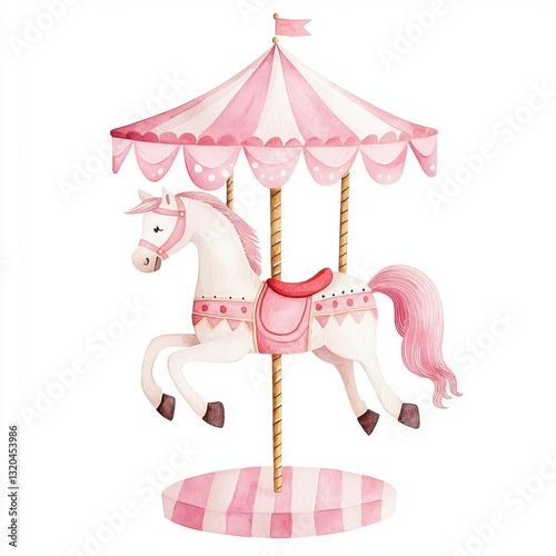 A whimsical pink carousel horse under a striped canopy, evoking a sense of nostalgia and joy.