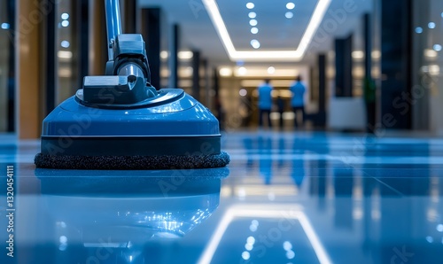a floor polisher in action, reflecting the clean environment and the staff in the distance.