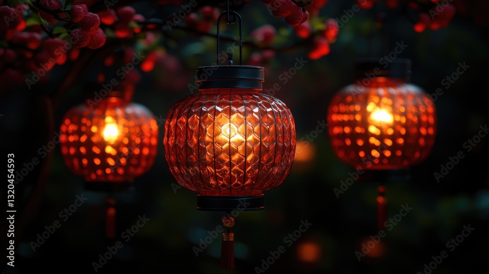 Obraz premium Glowing red lanterns hanging in blossoming garden at night. Chinese New Year, Lunar New Year, Spring Festival, Chunjie - Asian Cultural Celebration, Eastern Calendar Holiday