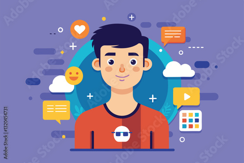 A young man interacts with vibrant social networking graphics filled with icons and colorful elements, Social networking Customizable Disproportionate Illustration