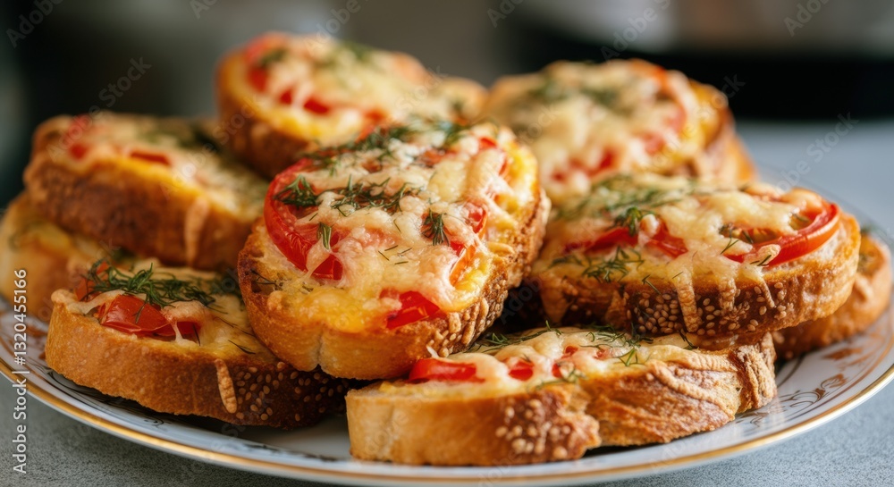 Delicious toasted bread topped with melted cheese, tomatoes, and herbs Delicious toasted bread topped with melted cheese, tomatoes, and herbs
