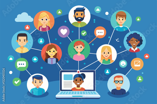 A visual representation of social networking with customizable icons showing user connections and interactions, Social networking Customizable Semi Flat Illustration