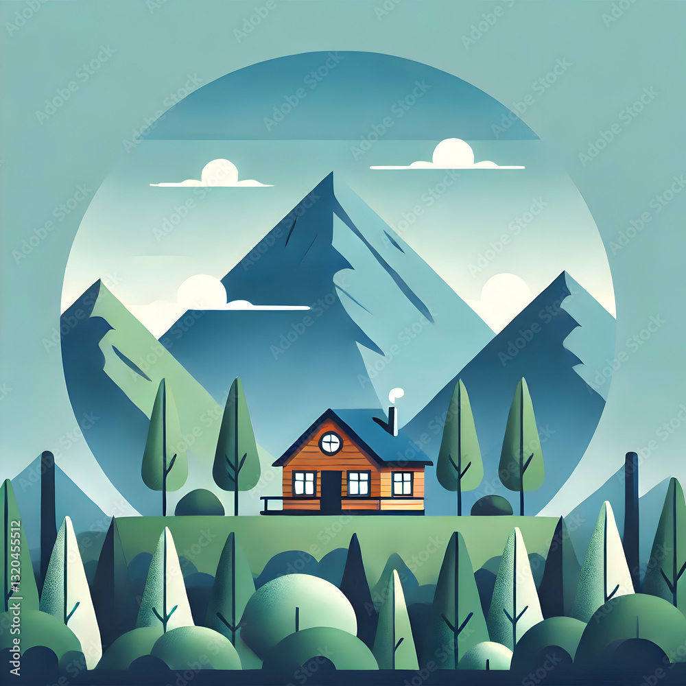 Naklejka premium A flat minimalist representation of a remote mountaintop cabin surrounded by lush greenery and a blue sky, evoking solitude and peace.