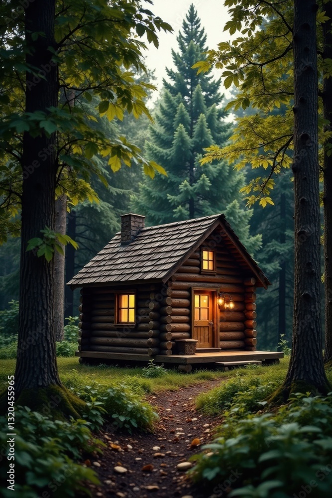 Secluded Log Cabin Nestled Deep Within a Verdant Forest at Dusk Secluded Log Cabin Nestled Deep Within a Verdant Forest at Dusk