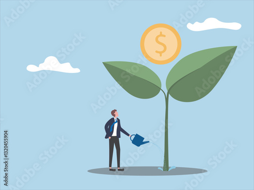 Businessman watering plant. Concept of saving money, financial investment management, retirement planning, growth business, high return, profits increase flat vector illustration.
