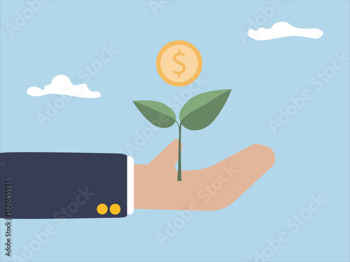 Businessman holding plant and coin. Concept of saving money, financial investment management, retirement planning, growth business, high return, profits increase flat vector illustration.